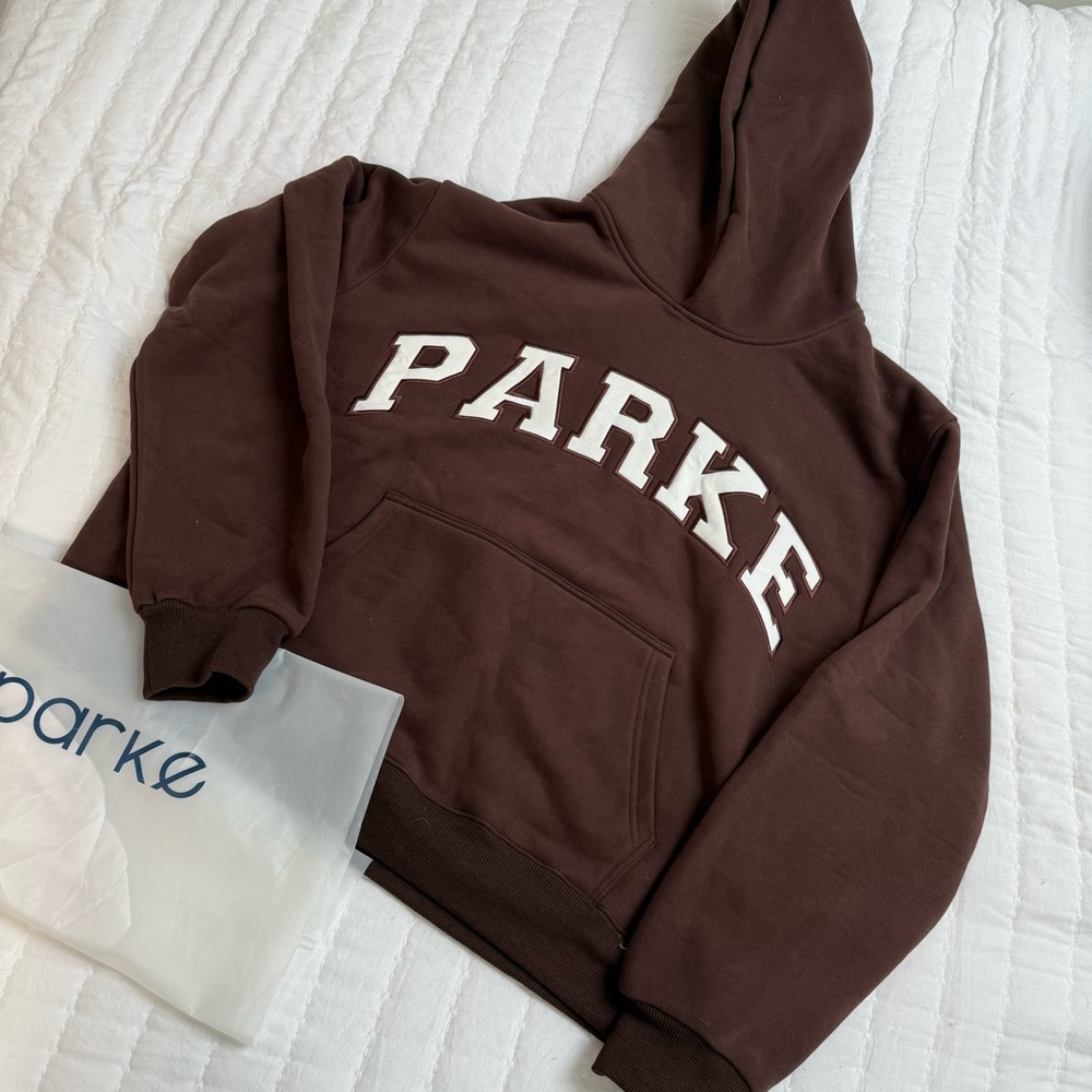 NEW Parke Varsity Hoodie Sweatshirt Chocolate Brown + White